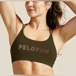 Peloton Speed Up Strappy Sports Bra Size XL Olive Green Front Logo